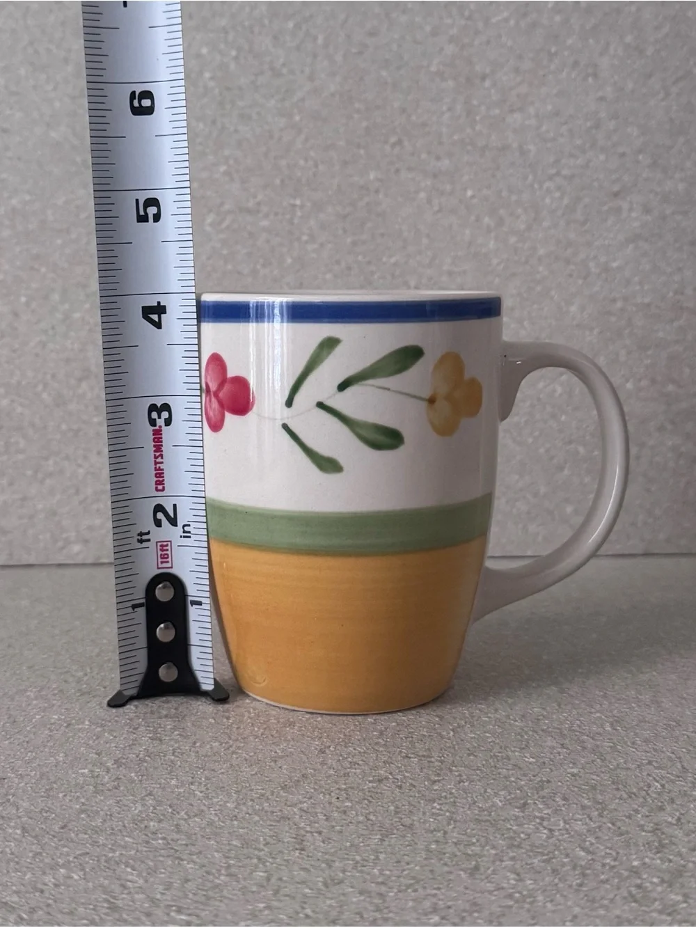 Vintage Pier 1 Hand Painted Floral Stoneware Mugs Yellow Green Blue Set of 4